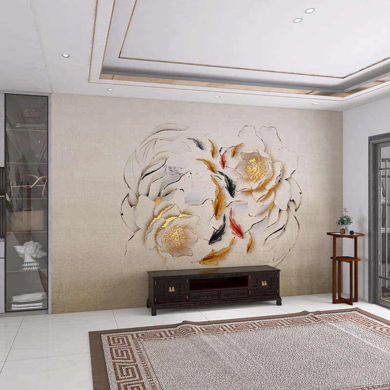 壁纸定制3d立体中式好运锦鲤电视背景墙壁纸客厅壁布装饰墙布壁画图片