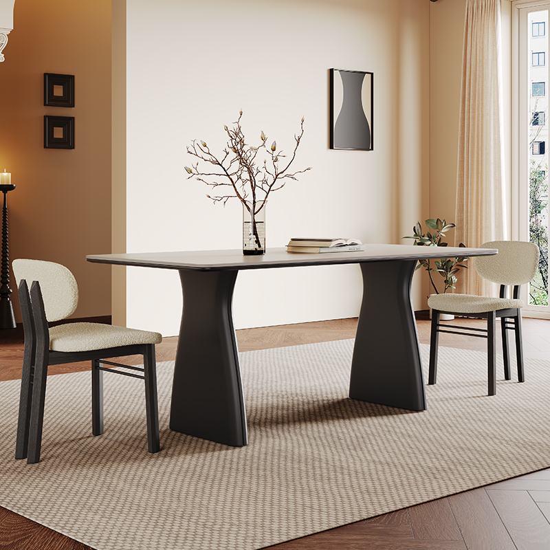 侘寂风实木餐桌长方形小户型家用现代简约轻奢设计师白色岩板餐桌