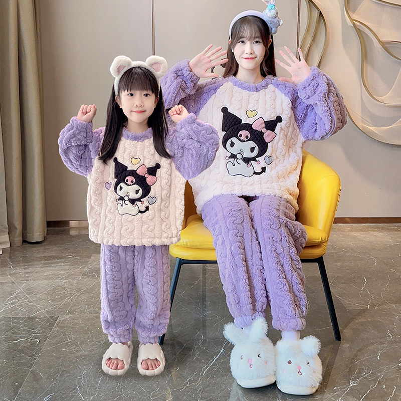 冬款女童睡衣儿童秋冬季珊瑚绒加厚母女套装女孩亲子法兰绒家居服
