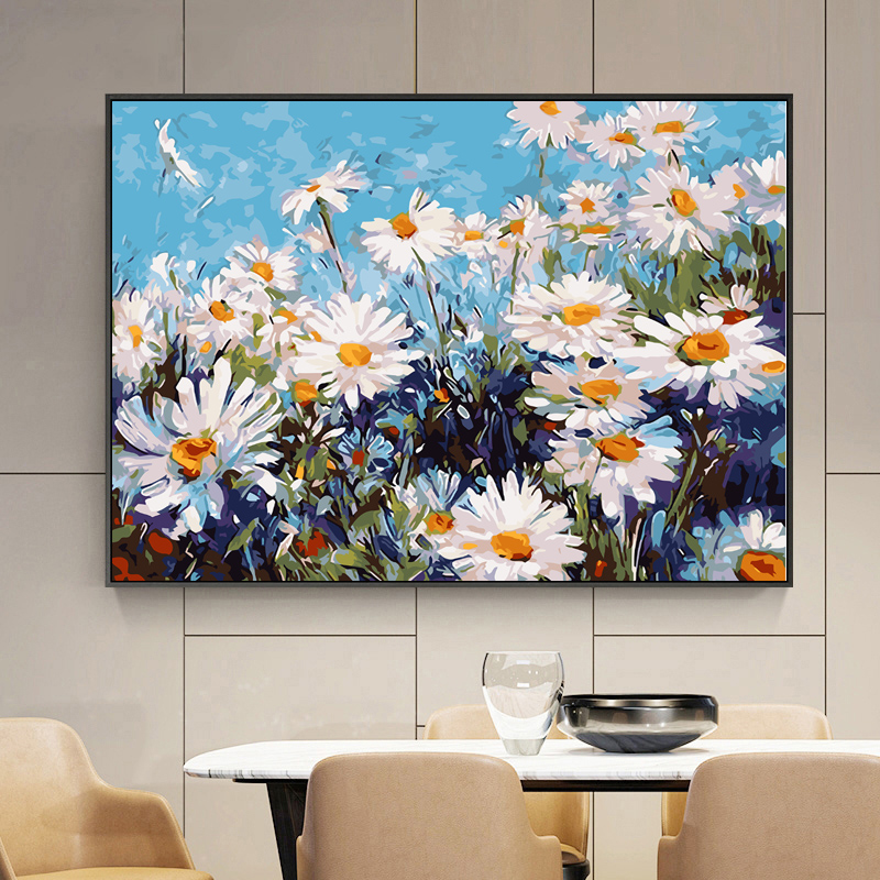 雏菊植物花卉diy数字油画手绘填色丙烯油彩画静物花朵装饰画图片