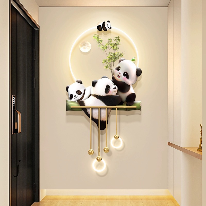 熊猫玄关装饰画奶油风潮玩走廊过道挂画高级感入户门正对墙壁画灯