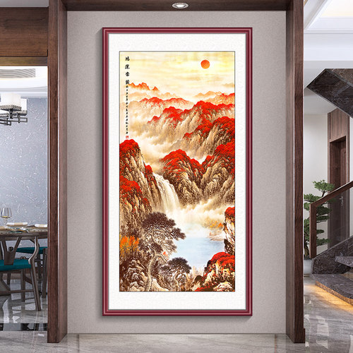 入户玄关装饰画走廊过道竖版挂画中式新中式山水画国画正对门壁画