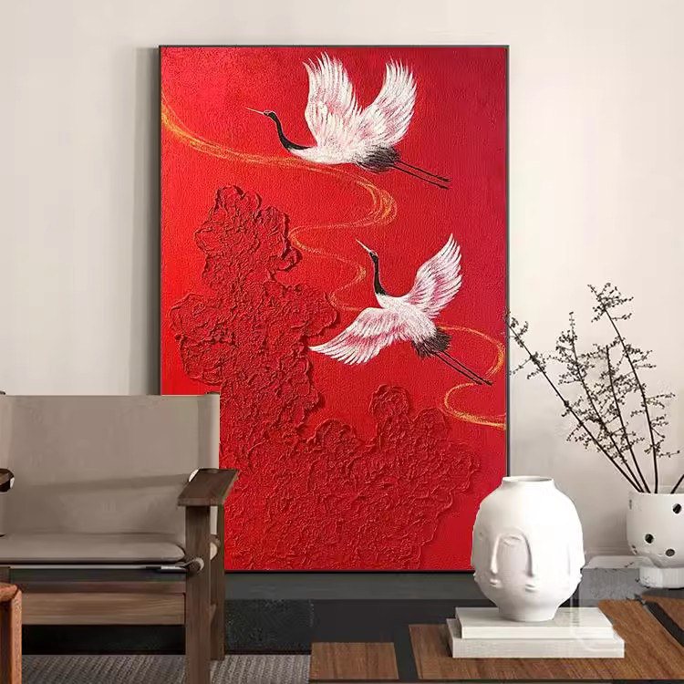 新中式油画红色仙鹤酒店客厅装饰画茶室走廊落地画肌理挂画