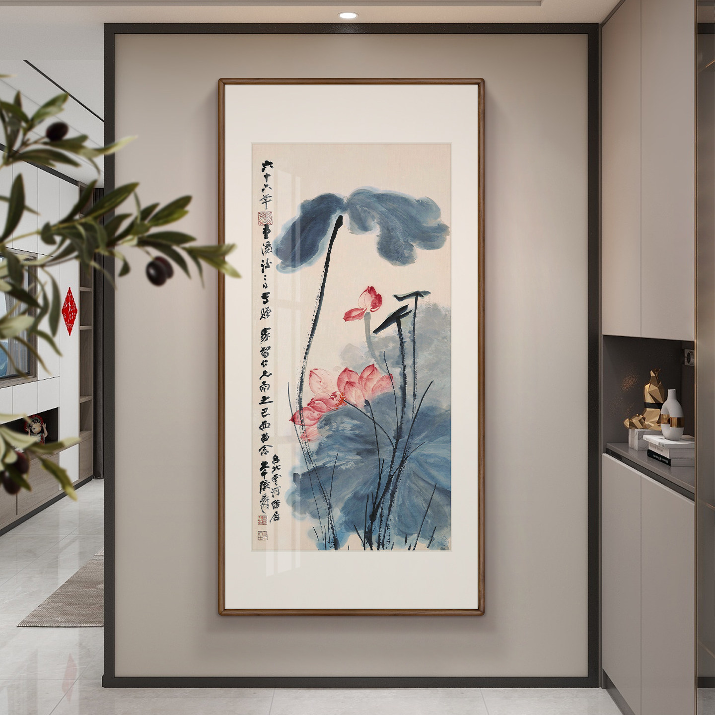 新中式嘉藕图荷花挂画客厅走廊过道竖版入户玄关装饰画实木壁画