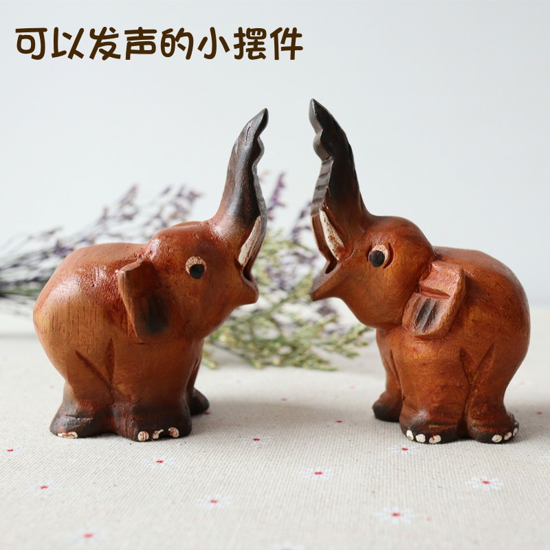 泰国实木大象摆饰翘鼻卡通叫象木雕发声怀旧玩具家居桌面装饰品