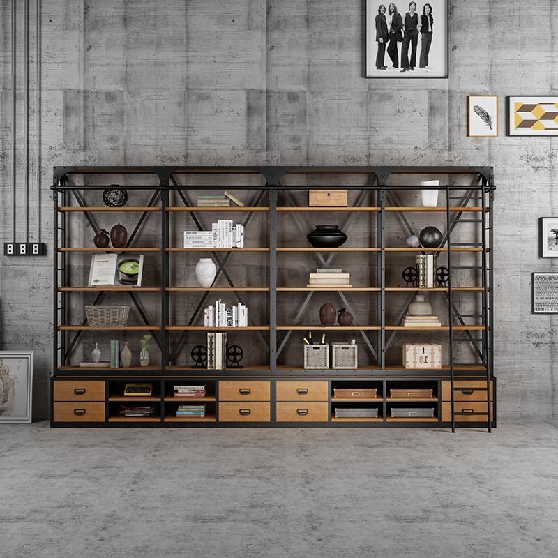 工业风书橱实木满墙书架定制客厅书房创意落地书柜铁艺置物架