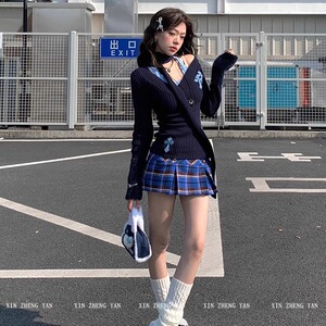 速发XZY/欣争艳 微胖mm甜辣风V领毛衣内搭吊带女高腰格子半裙套装