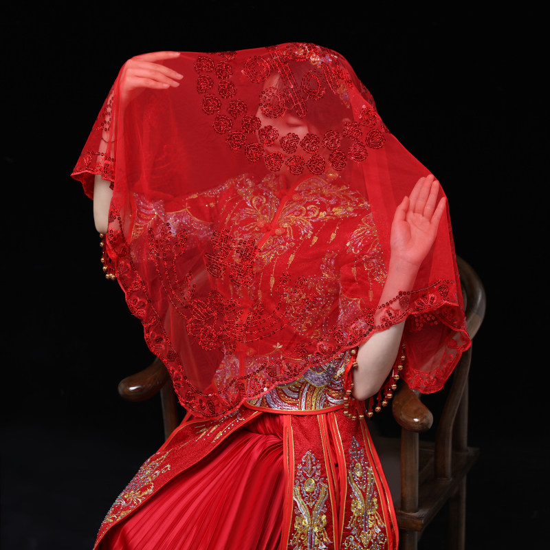 红盖头结婚秀禾透明中式蒙头婚礼新娘古风纱喜帕秀禾服盖头网纱薄