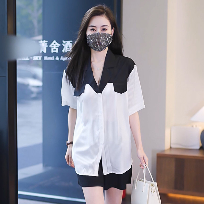 速发休闲时尚套装女士T恤撞色短裤子宽松大码女装两件套