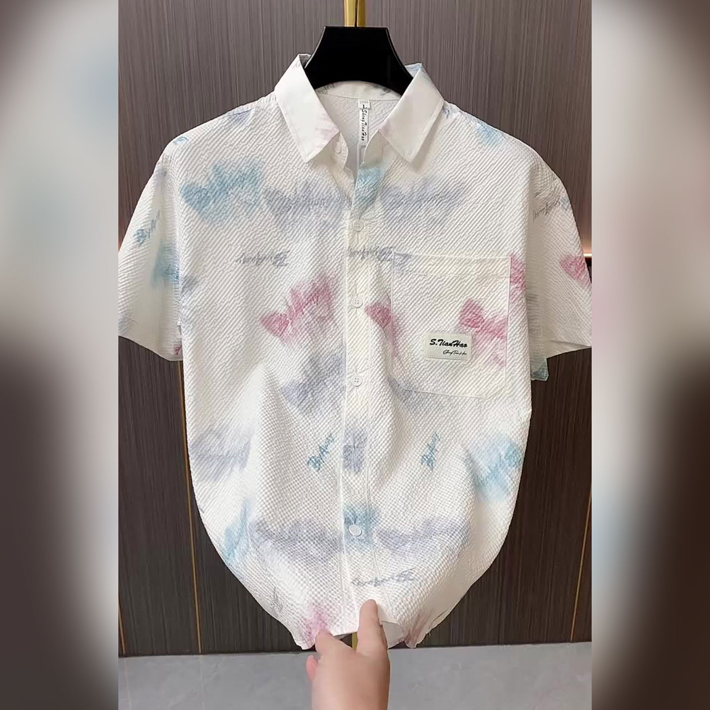 休闲风花生潮牌个性印花短袖衬衫男生夏季新款透气港风宽松休闲衬