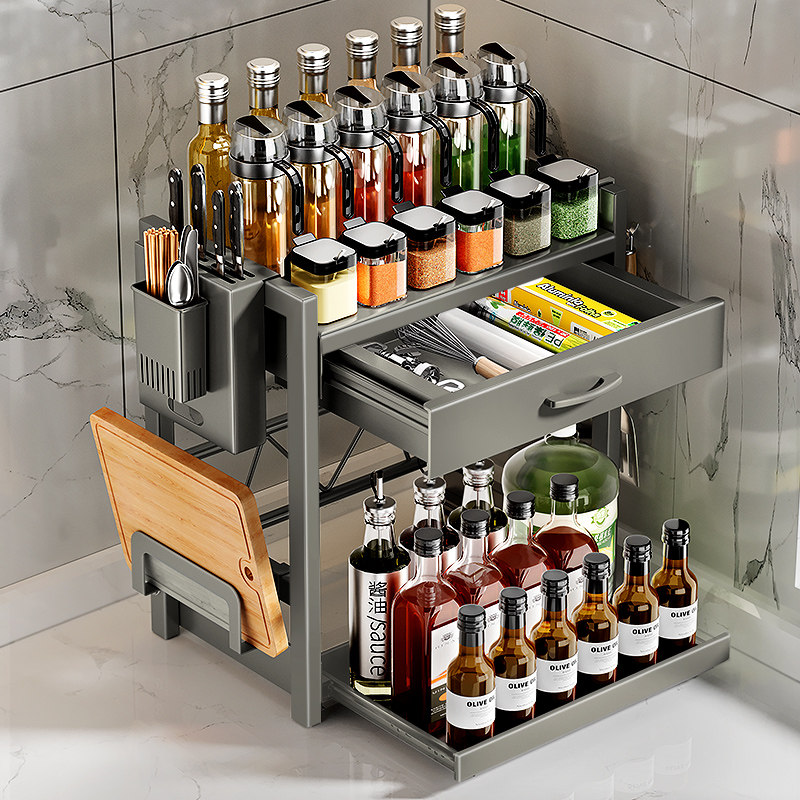可抽拉厨房置物架多功能免安装调料架调味品带抽屉台面双层收纳架