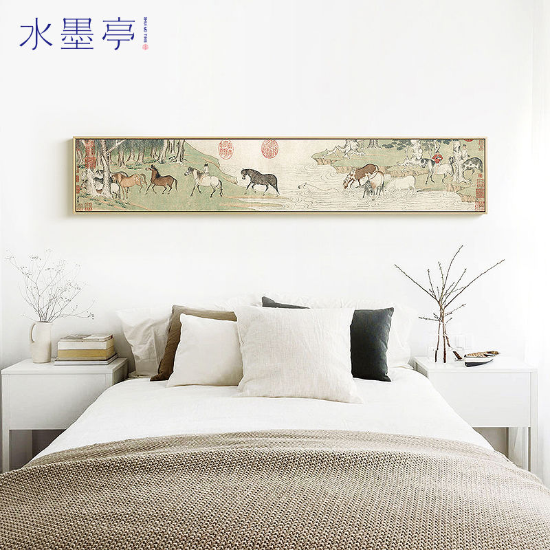 水墨亭赵孟??·浴马图卷现代客厅沙发背景墙装饰画民宿卧室挂画图片
