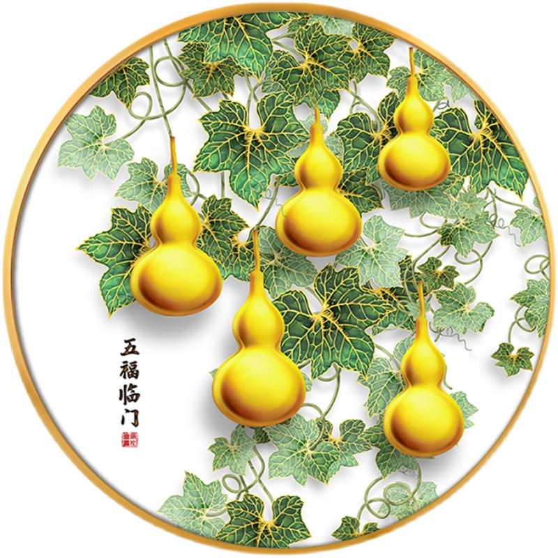 五福临门圆形玄关装饰画进门过道福鹿挂画新中式晶瓷葫芦餐厅壁画图片