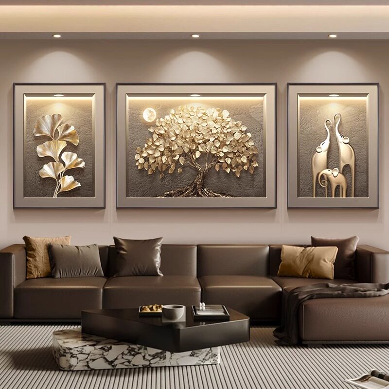 发财树现代轻奢客厅装饰画高级感三联壁画2025新款沙发背景墙挂画