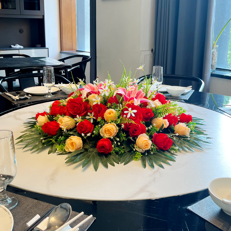 模拟圆桌花高端酒店桌花电动酒店大圆中台式花卉装饰转盘