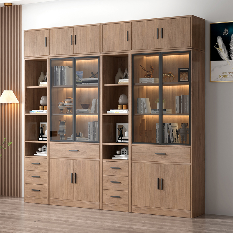 书柜轻奢高档带玻璃门客厅整面墙柜子办公室靠墙置物玻璃柜展示柜