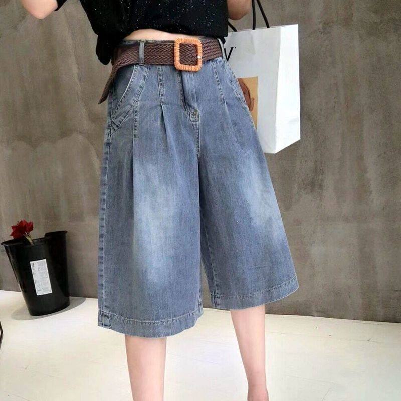 速发高腰牛仔七分短裤女装2025新款大码薄款阔腿裤裙宽松