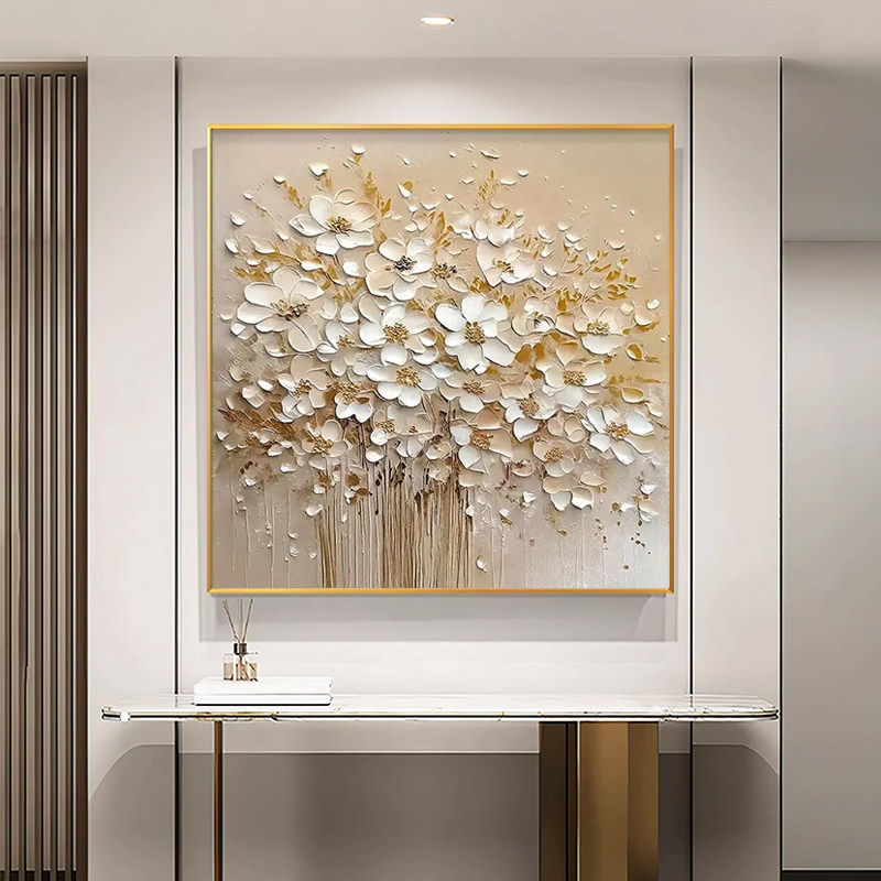 现代轻奢餐厅装饰画金色花卉客厅沙发背景墙挂画高级感玄关柜壁画