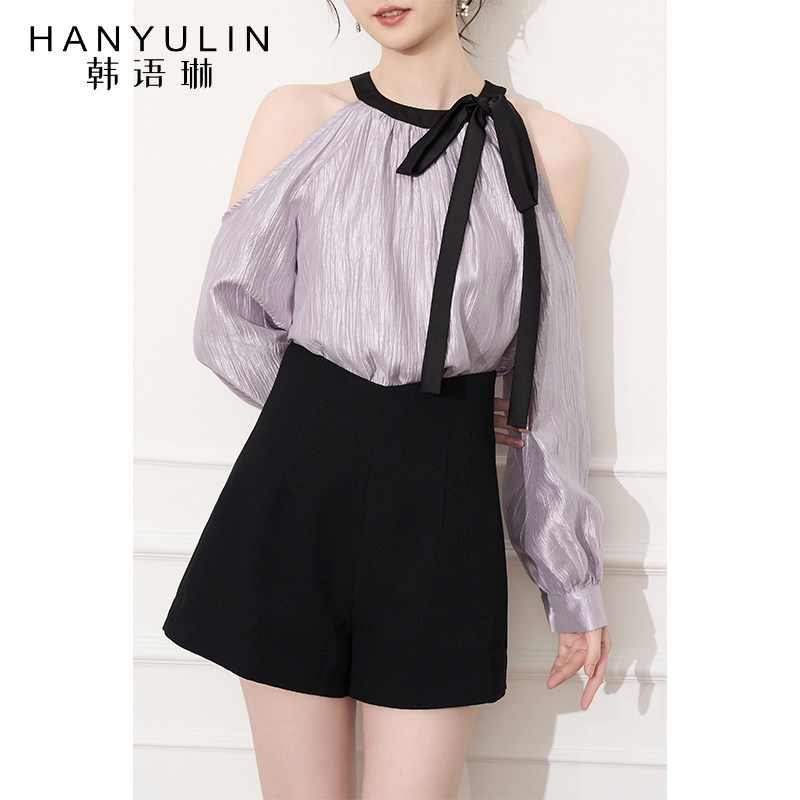 紫色挂脖衬衫女2026新款春季轻奢高级感小衫短款长袖露肩上衣套装