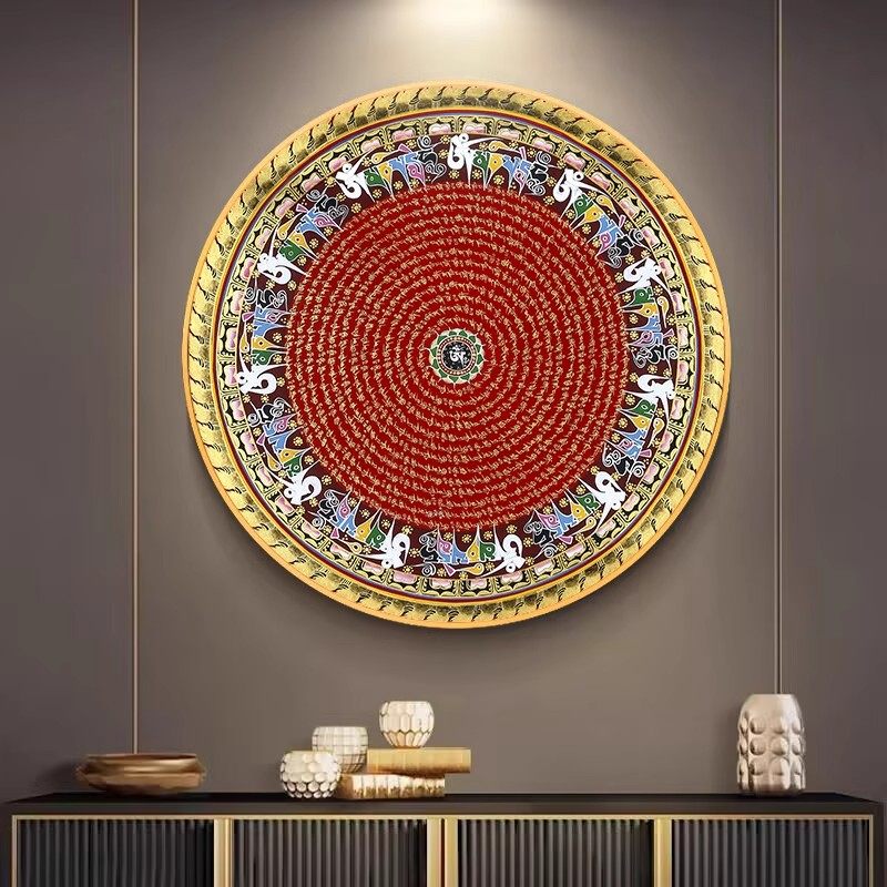 西藏式坛城唐卡装饰画圆形茶室客厅招财壁画入户玄关酒店民宿挂画