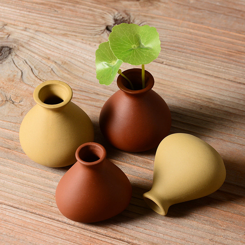 速发茶宠小花瓶摆件精品 可养迷你禅意紫砂手工茶艺花器插办水培