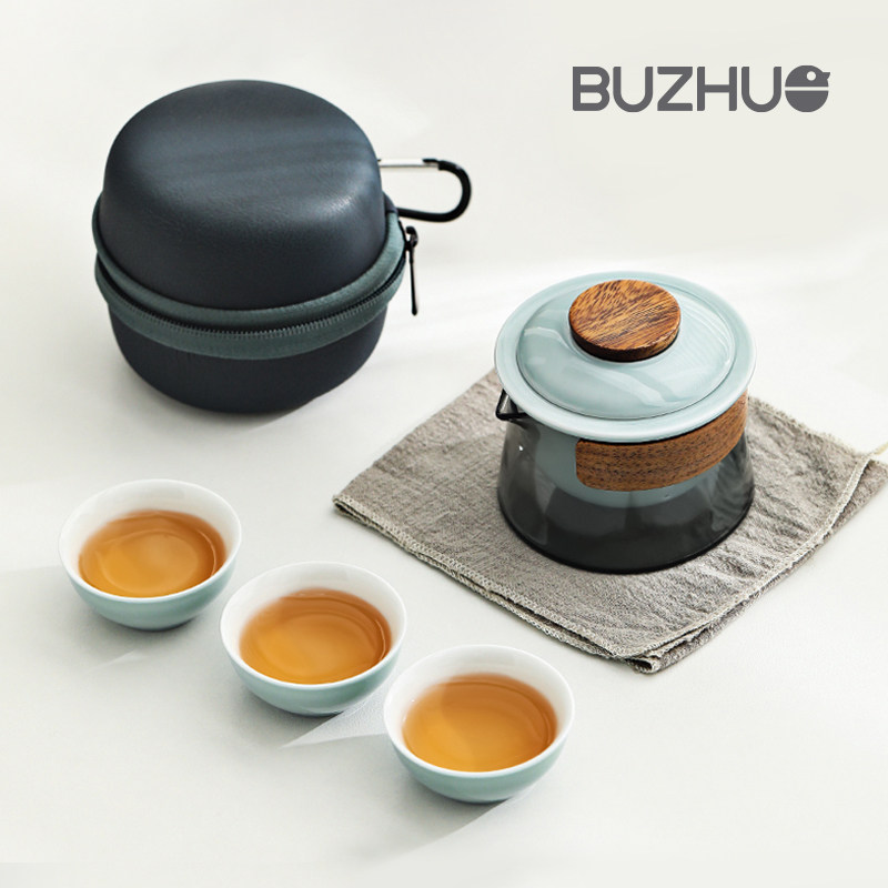 速发玻璃旅行茶具套装一壶三杯随身便携泡茶壶快客杯户外露营功夫