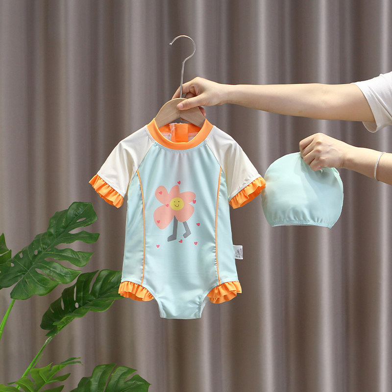 韩国儿童长袖泳衣INS风格宝宝连体女童防晒泳装悠兔贝贝中大童