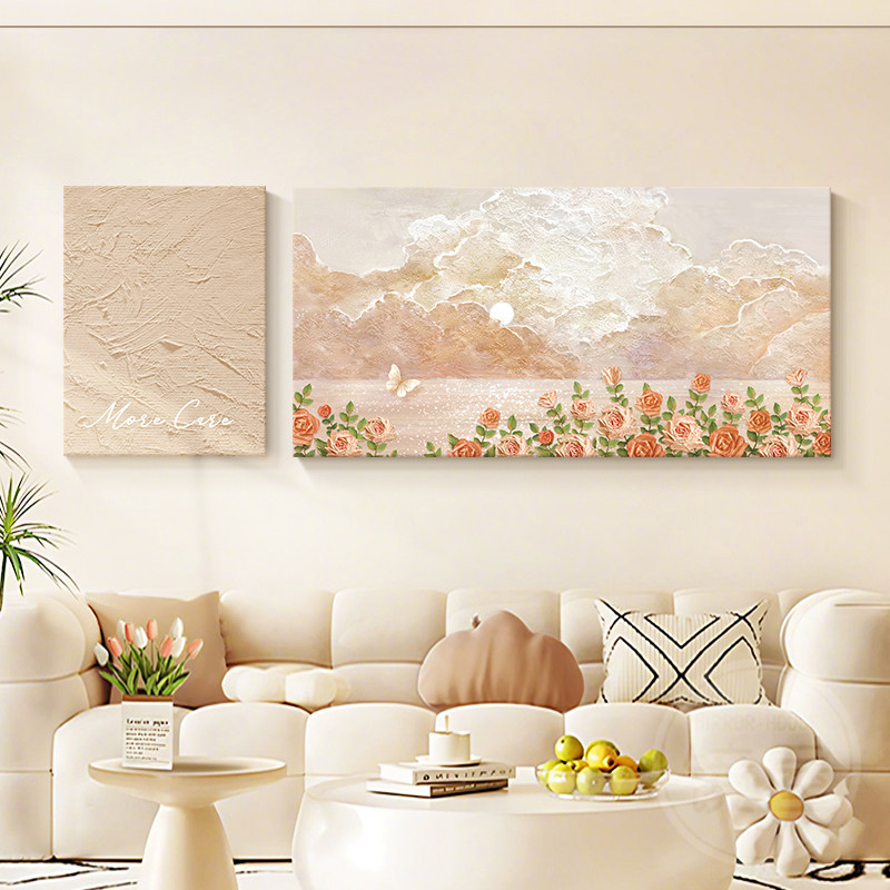 奶油风客厅装饰画海景玫瑰原木风沙发背景墙挂画油画高级感肌理画