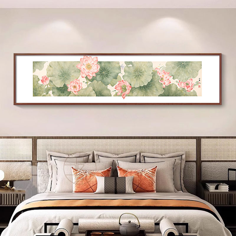 新中式客厅装饰画莲花图荷花禅意挂画茶室主卧室床头画横版墙壁画