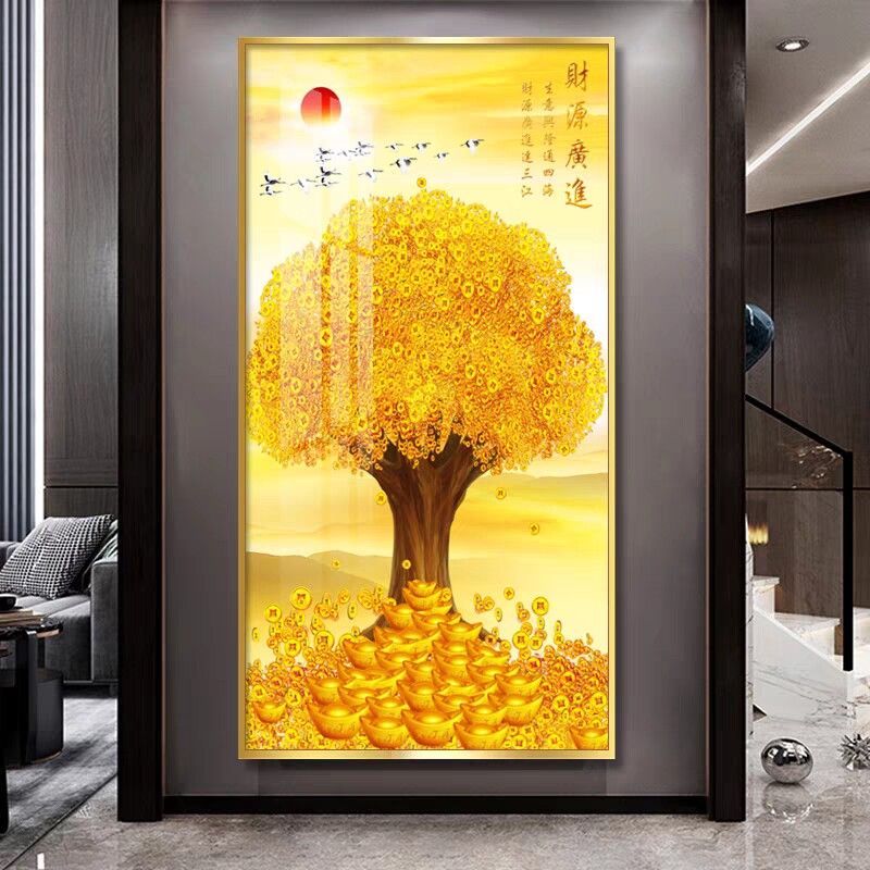新中式玄关装饰画 摇钱发财树墙壁挂画 客厅走廊过道满地黄金主题