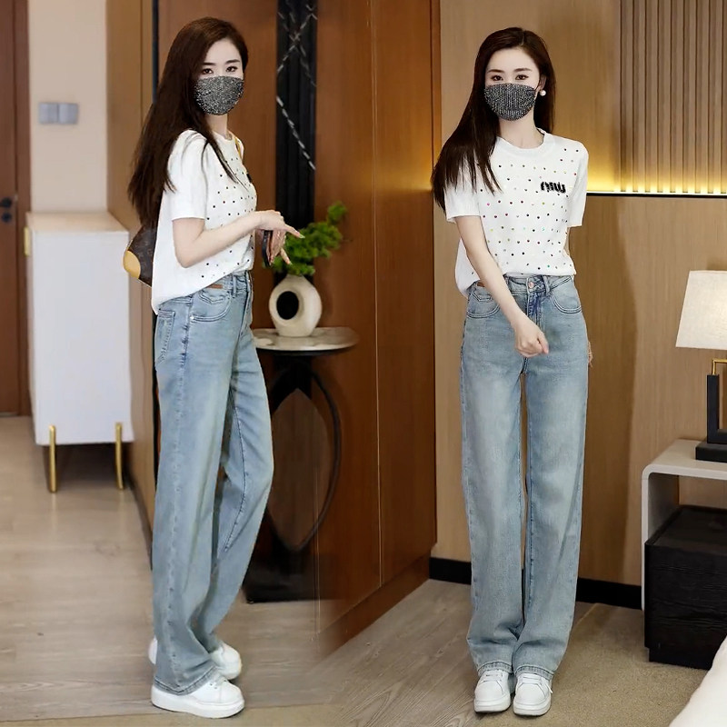 速发窄版浅色牛仔裤女2024年新款春款高腰阔腿直筒裤宽松垂感绣花