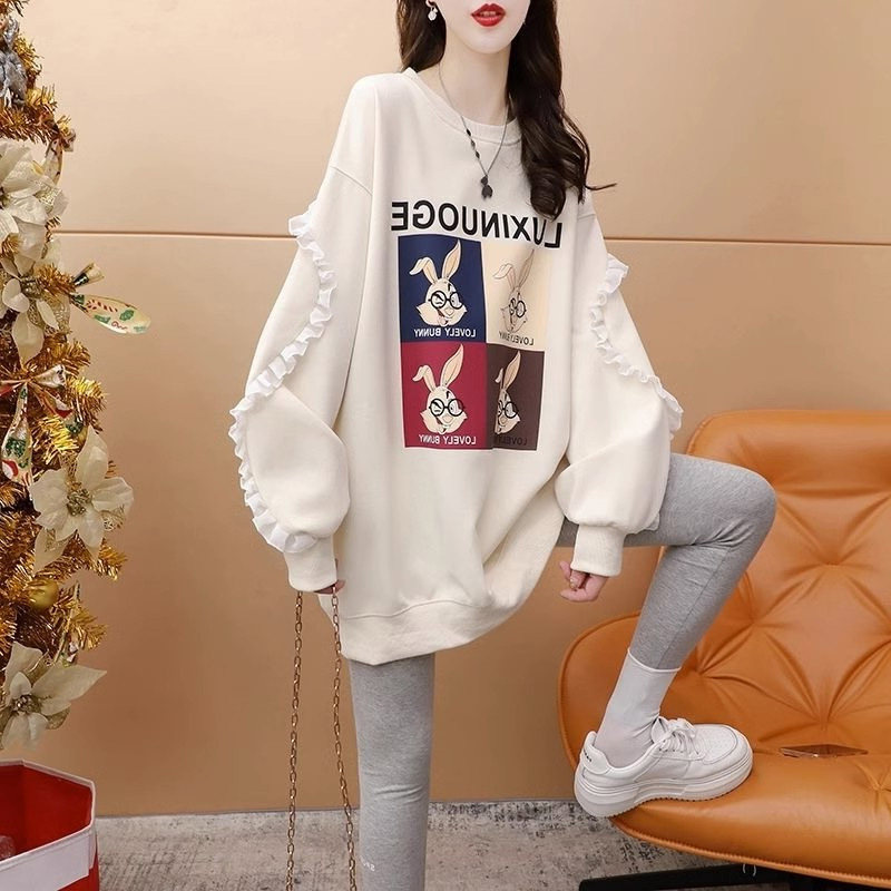 高级感美式卡通圆领卫衣女春秋薄款胖mm大码遮肚显瘦百搭长袖上衣