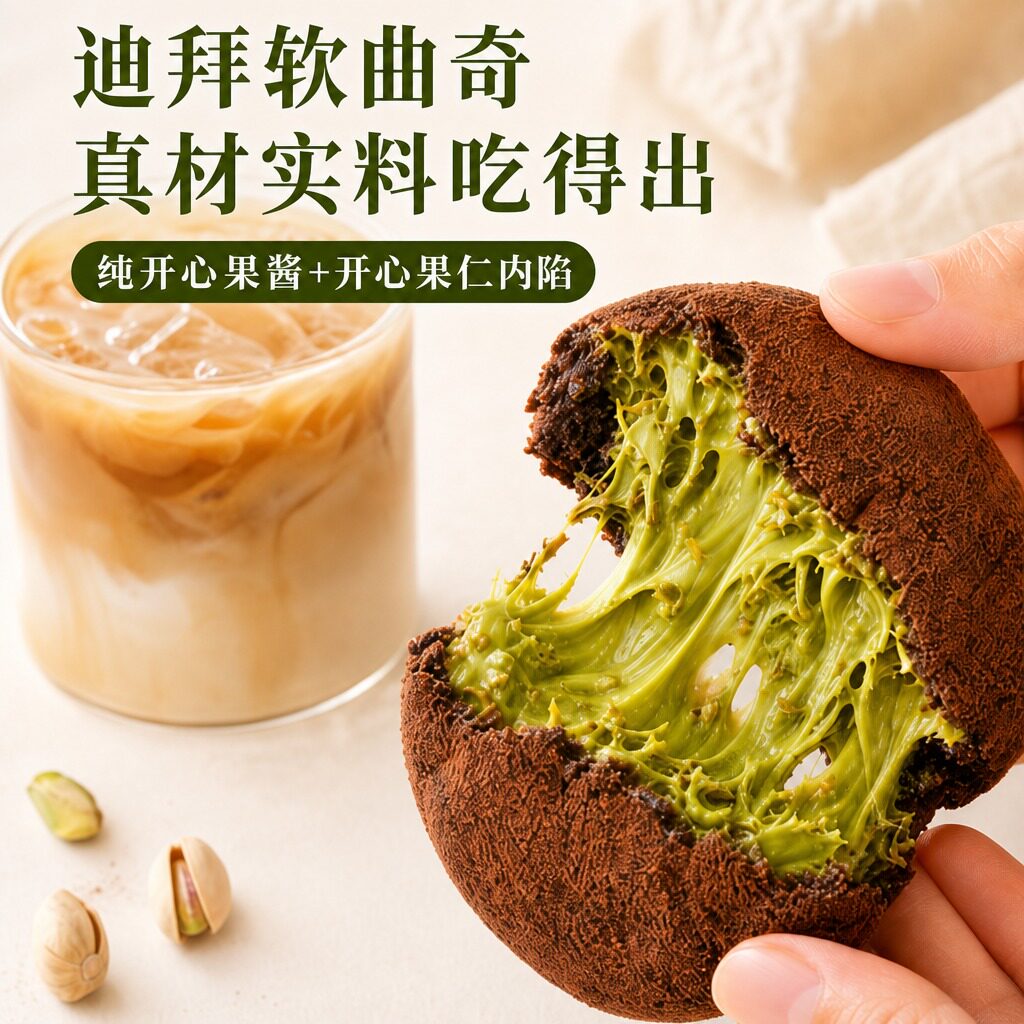 迪拜曲奇一品粤迪拜巧克力软曲奇夹心面包开心果味拉丝糕点心下午