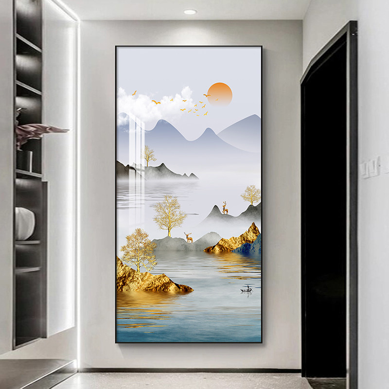 新中式玄关装饰画走廊过道进门高端山水画竖版挂画玄幻装饰画壁画