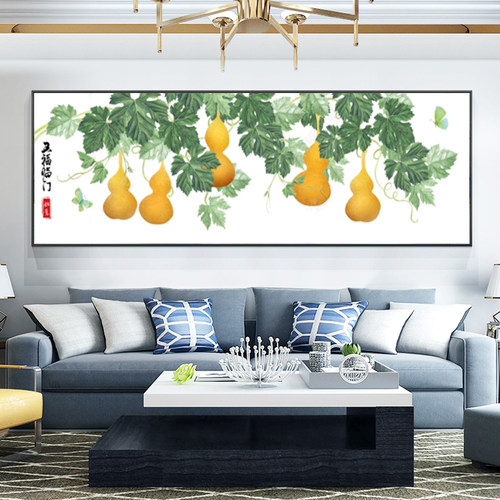 五福临门葫芦挂画客厅沙发背景墙装饰画福禄图床头壁画横版餐厅画