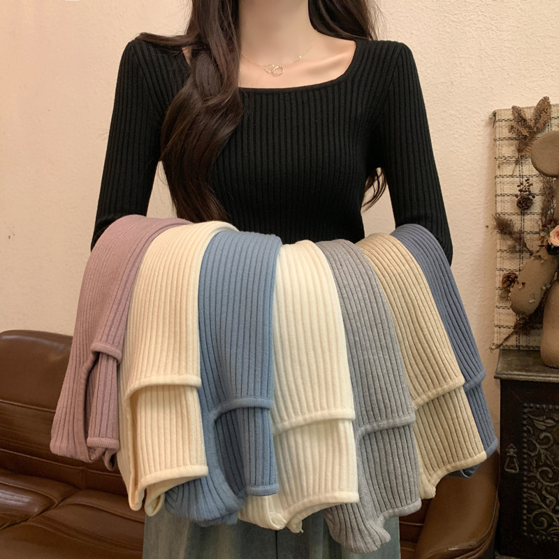 速发法式方领内搭毛衣女士薄款春新款紧身长袖打底针织衫上衣