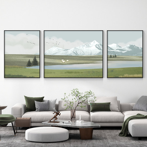 客厅装饰画现代简约沙发背景挂画高档风景山水画轻奢三联壁画