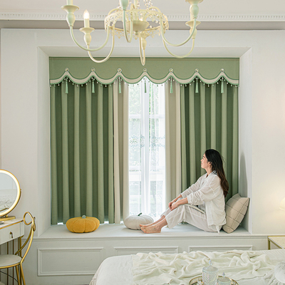 飘窗窗帘卧室简约轻奢绿色全遮光免打孔布帘高端短门帘防漏光窗幔