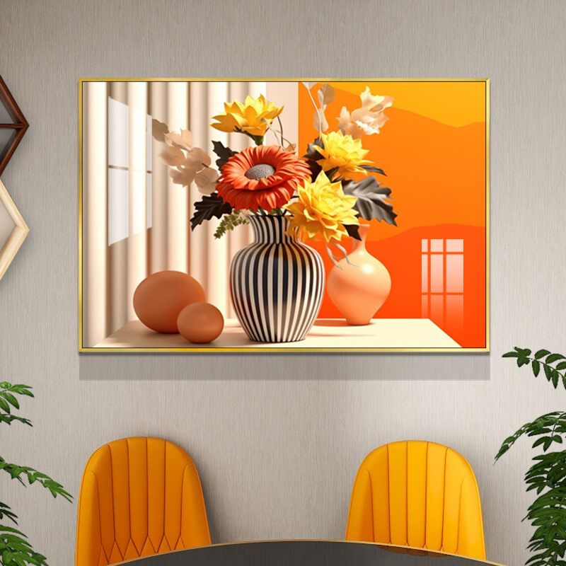 轻奢奶油风饭厅背景墙装饰画高档餐厅橙色系挂画现代简约艺术壁画