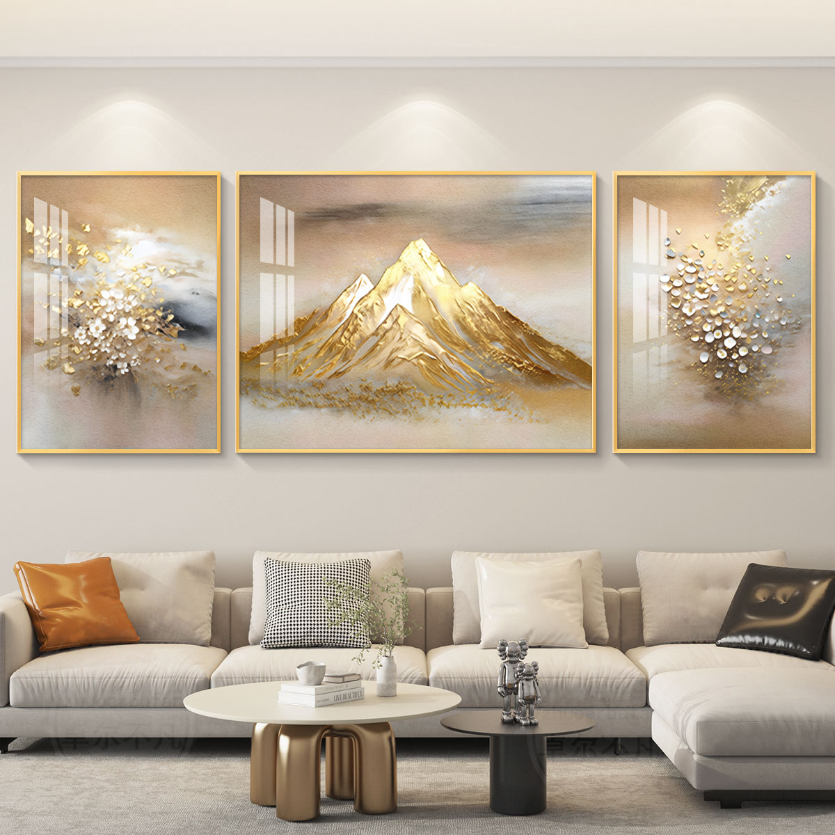 日照金山客厅装饰画简约大芬油画村高档大气沙发背景墙挂画三联画