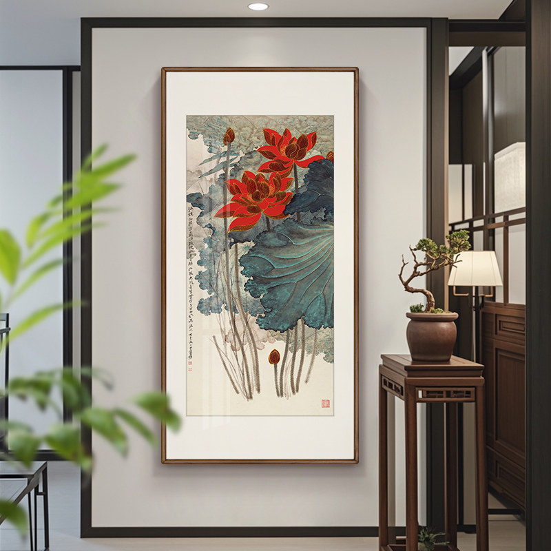 中式玄关装饰挂画 张大千荷花画作 高透光有机玻璃装裱 实木外框