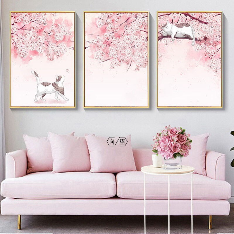 卧室装饰画饭厅挂画日式风格樱花猫咪卡通奶茶店小清新客厅墙壁画