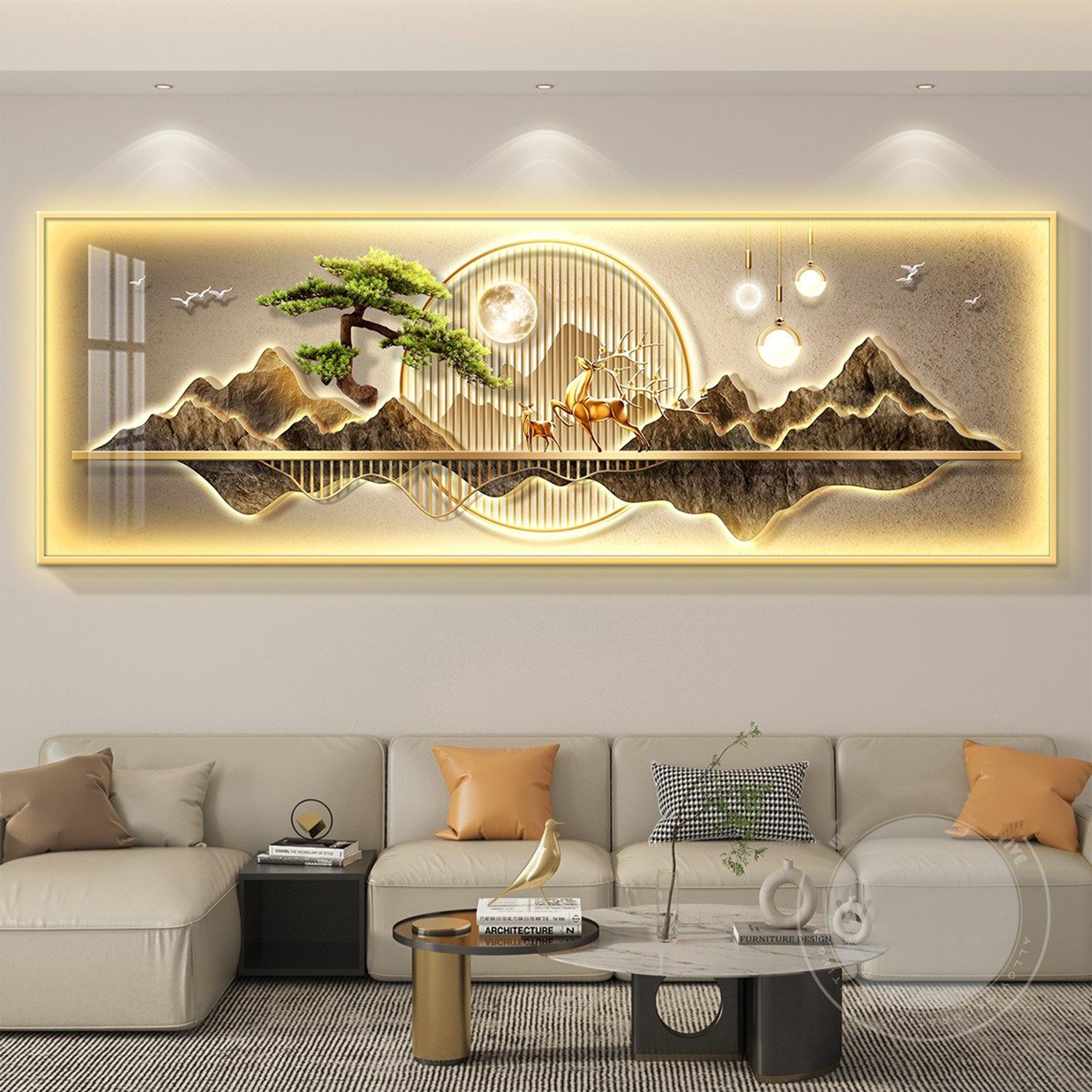迎客松led带灯轻奢客厅装饰画沙发背景墙挂画壁画简约现代高级感