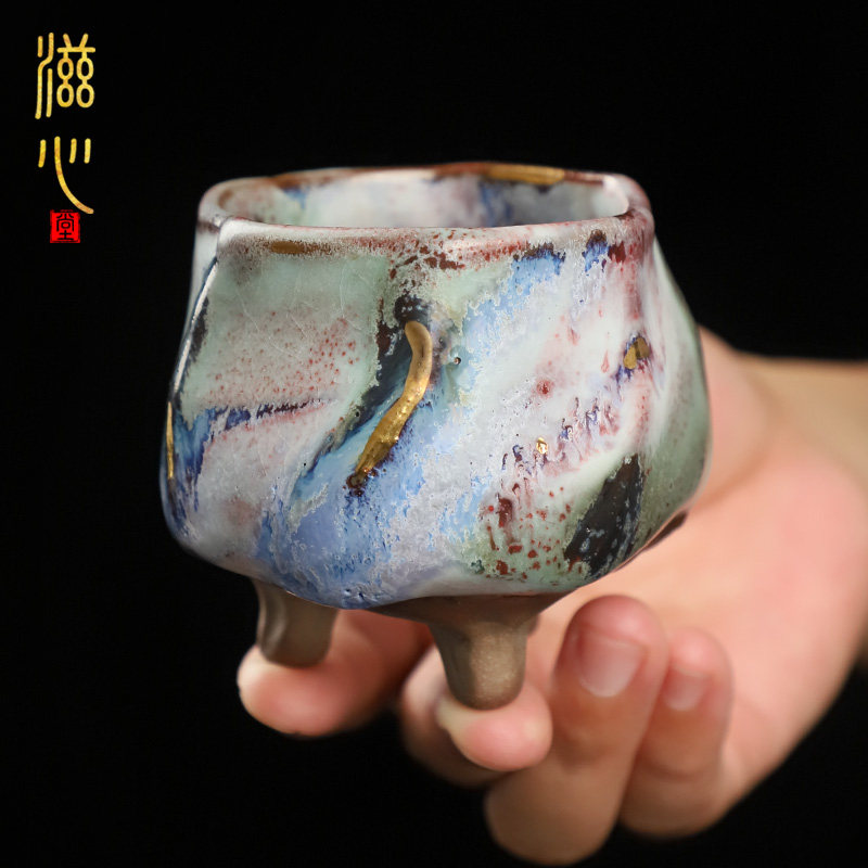 速发黄荣华陶瓷志野烧主人杯复古高端单个柴烧粗陶品茶杯高端诧寂