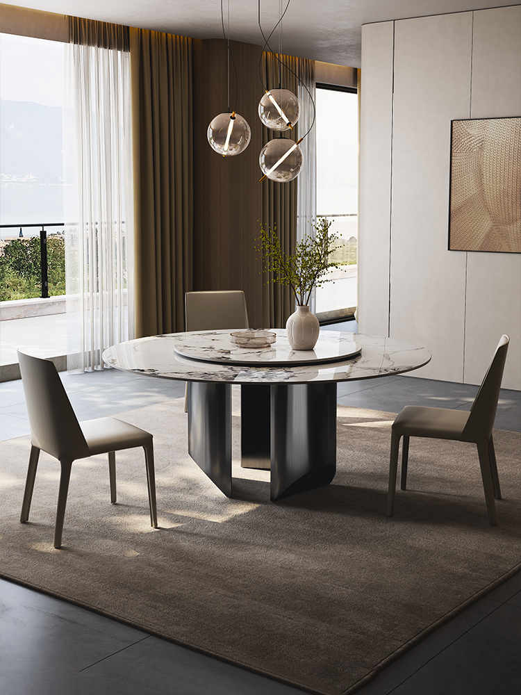圆形餐桌和椅子组合光泽石板10人餐桌现代家庭大理石圆桌定制的优