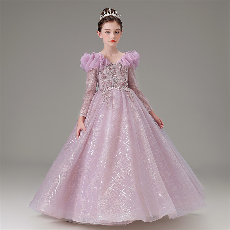 儿童礼服长袖秋冬花童生日婚纱公主裙紫色小主持人钢琴古筝演出服