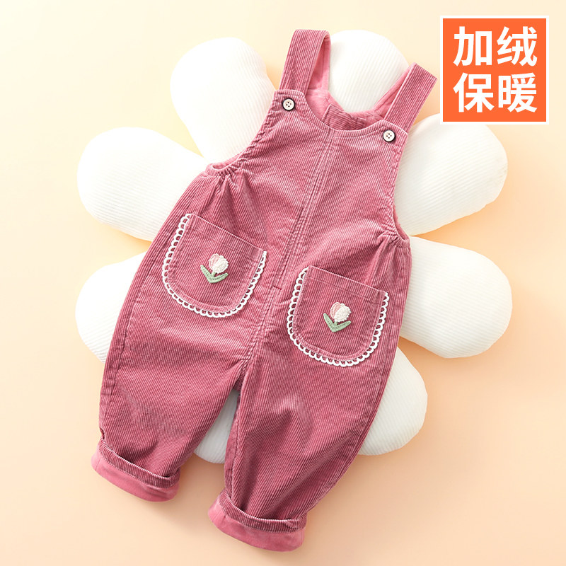 女宝宝背带裤秋冬加绒加厚一岁儿童灯芯绒女秋装2025新款婴儿裤子