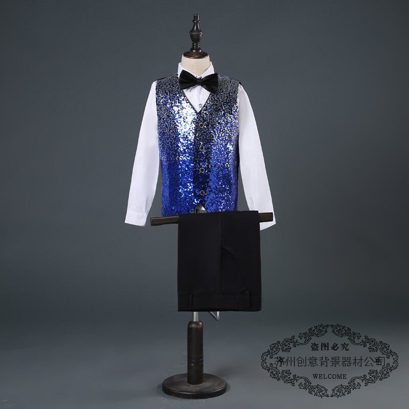 新款渐变亮片马甲成人男儿童走秀演出大合唱西服衬衫六一活动主持