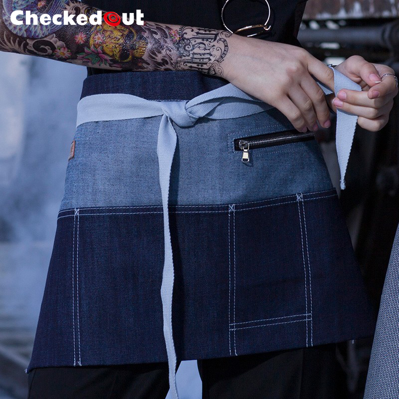 韩版短牛仔围裙服务员围裙西餐厅酒店咖啡厅厨房工作牛仔半身围裙