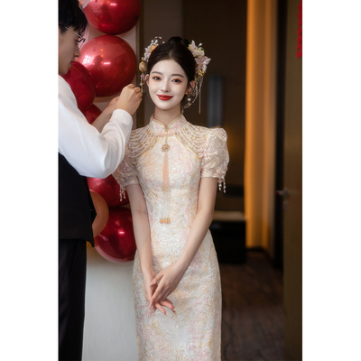 速发新中式旗袍女订婚礼服裙平时可穿敬酒服结婚当天新娘便装回门